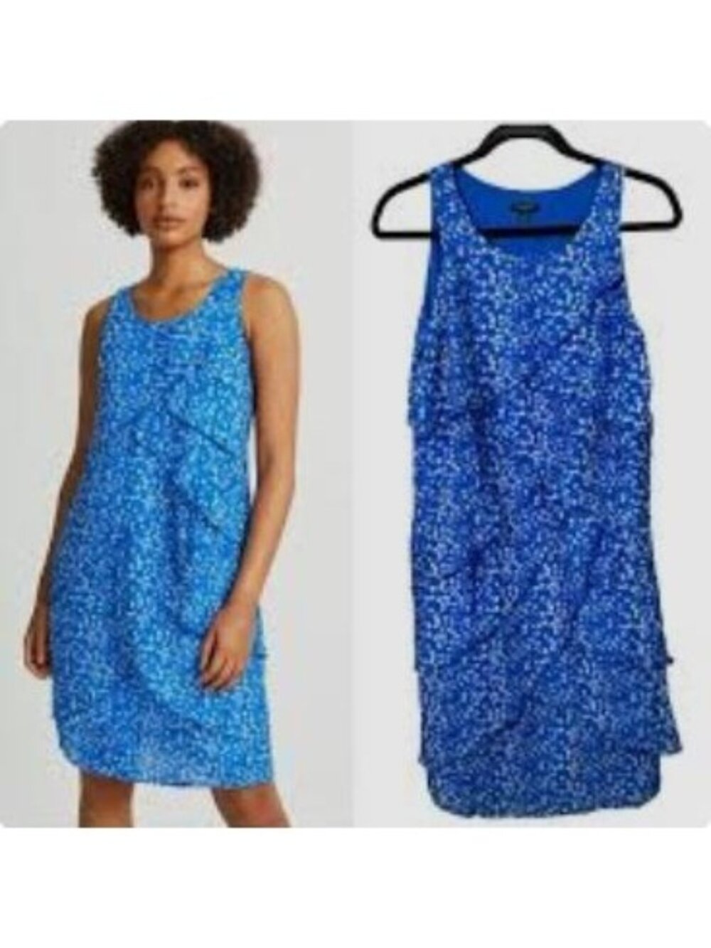 Ann Taylor Dress Size 2 Blue Midi Sleeveless Floral Print Silk Tiered Ruffle